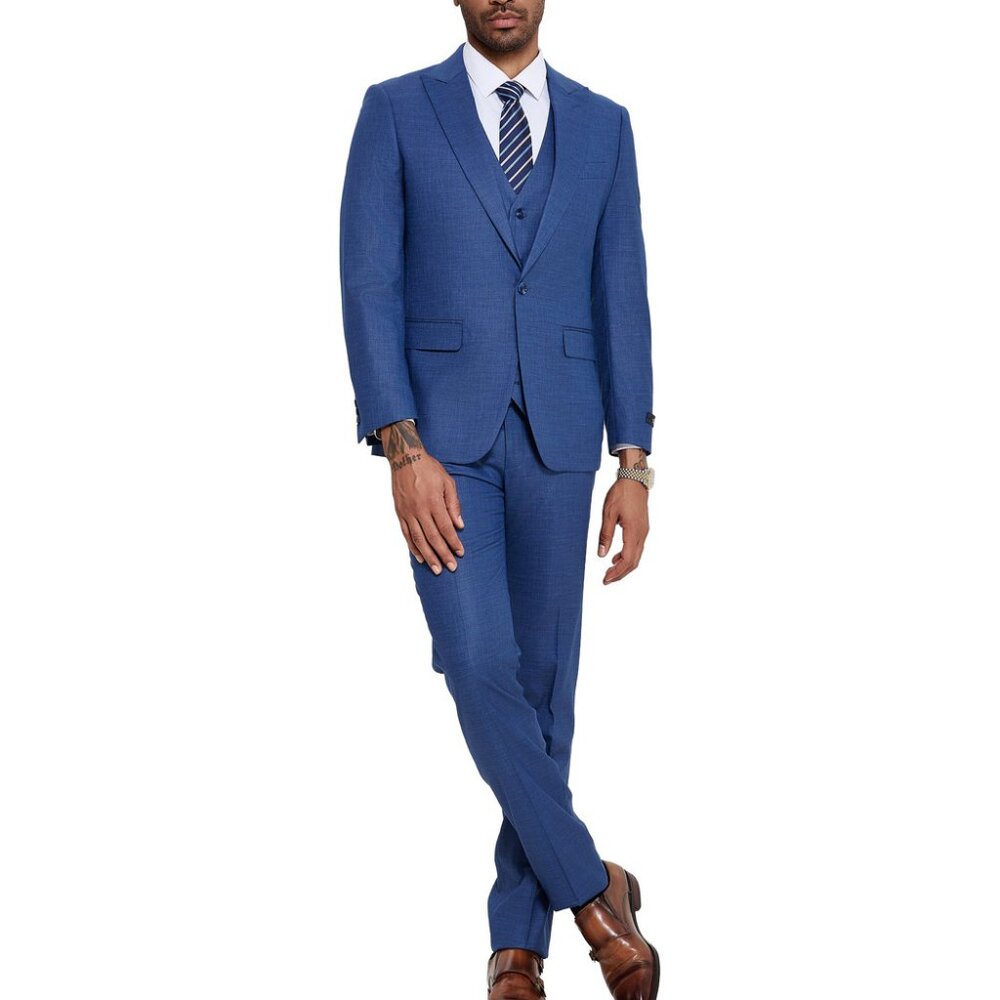 Blue Wide Peak Lapel 3 Piece Skinny Fit Tazzio Men's Suit